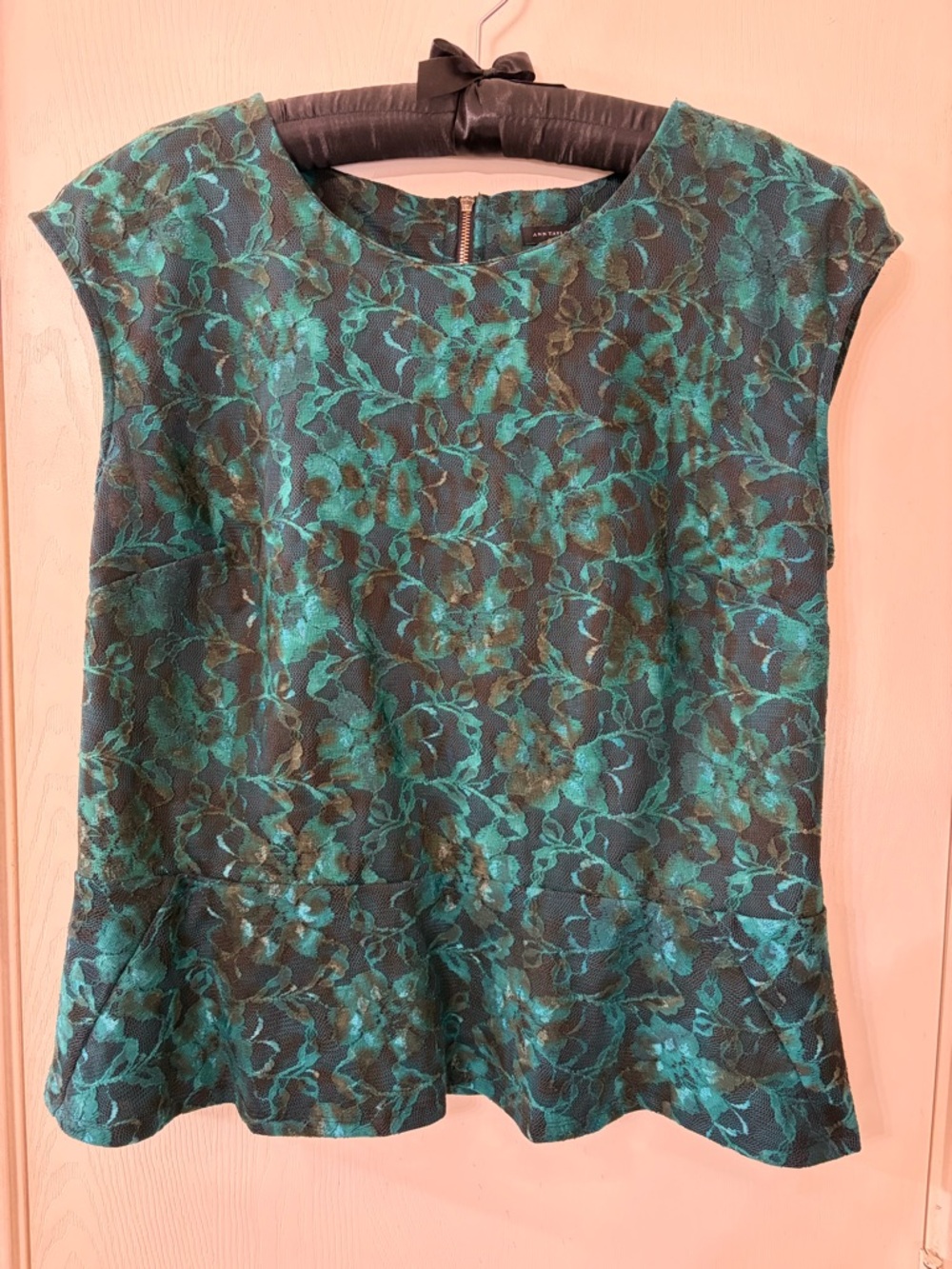 Ann Taylor Teal and Black Floral Lace Peplum Blouse